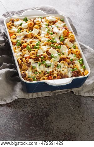 Anelli Al Forno Pasta Baked With Mince, Vegetable And Cheese Closeup In A Baking Dish On The Table. 