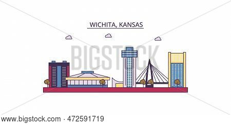United States, Wichita Tourism Landmarks, Vector City Travel Illustration