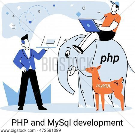 Php And Mysql Development Metaphor. Software Website Developer With Computer, Programmer Service, Op