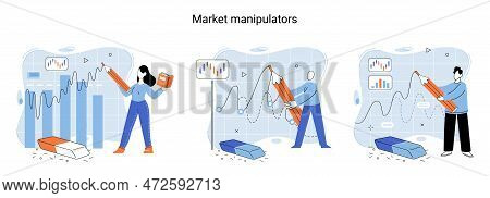 Stock Market Manipulation Concepts Set, Change Business Graph Indicator, Influence Crypto Currency P