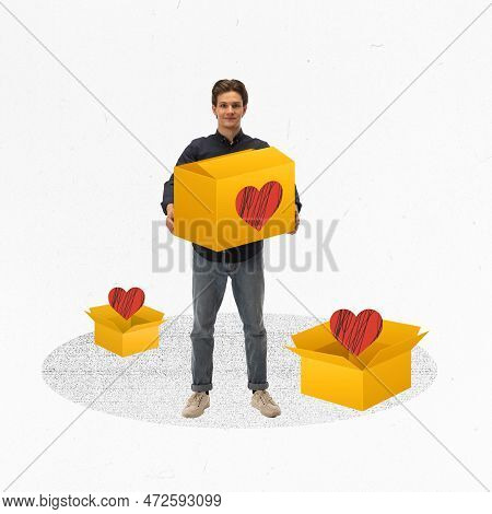 Re-purchasing. Conceptual Design. Modern Art Collage. Happy Young Man, Customer Holding Box With Hea