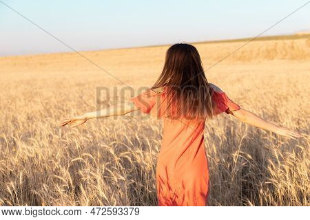 Unrecognizable Woman In The Wheat Field. Moments Of Joy. Arms Out To The Side. Copy Space