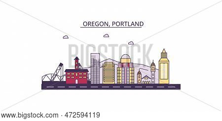United States, Portland Tourism Landmarks, Vector City Travel Illustration