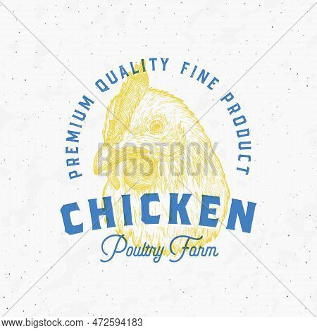 Risograph Style Chicken Meat Products Farm Retro Badge Logo Template. Hand Drawn Bird Face Sketch Wi