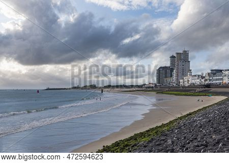 Cityscape With Beach Of Vlissingen. Provinz Zeeland In The Netherlands