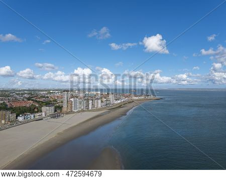 Aerial View With Beach And Cityscape Of Vlissingen. Provinz Zeeland In The Netherlands