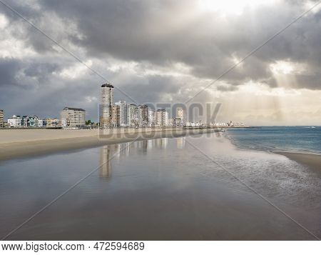 Aerial View With Beach And Cityscape Of Vlissingen. Provinz Zeeland In The Netherlands