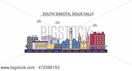 United States, Sioux Falls Tourism Landmarks, Vector City Travel Illustration