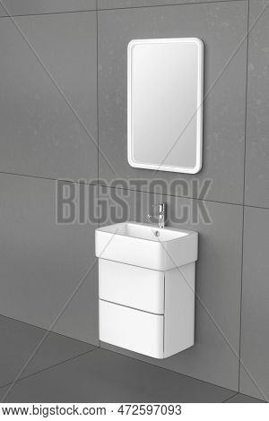 Wall Mounted Wash Basin Cabinet With Silver Faucet And Illuminated Mirror. 3d Illustration