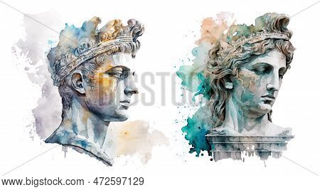 Contemporary Art With Antique Statue Head Watercolor Illustration. Work Of Art Of The Era Of Excitem