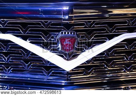Moscow, Russia - 13 November, 2022: Deer On Emblem Of Soviet Old Gaz Car On The Car Radiator Grill O