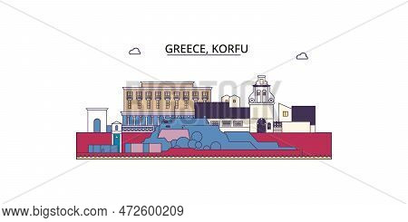 Greece, Korfu Tourism Landmarks, Vector City Travel Illustration