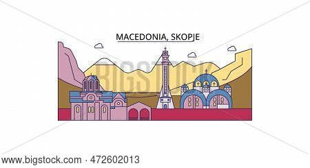 Macedonia, Skopje Tourism Landmarks, Vector City Travel Illustration