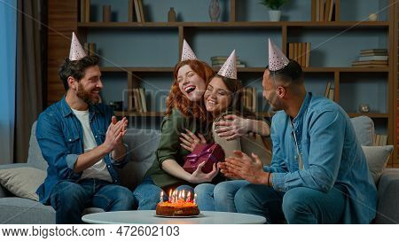 Excited Woman Receive Gift Present From Friends Diverse Multiracial Colleagues Congratulate Wish Hap