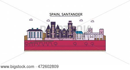 Spain, Santander Tourism Landmarks, Vector City Travel Illustration