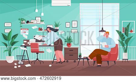 Confusion And Mess. Stressed Man Office Worker Spreading Papers. Tired Confused Worker Sits At Table