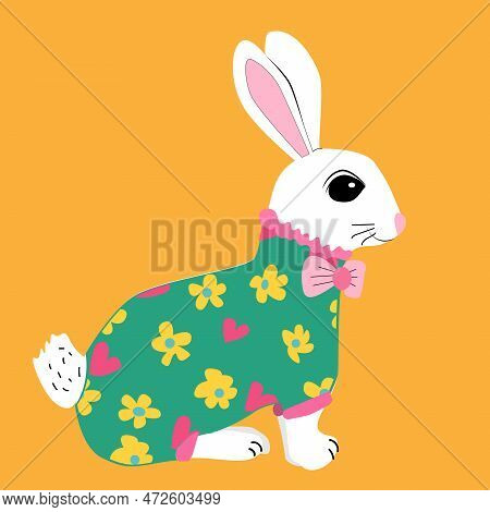 White Rabbit In Cartoon Style In Green Suit