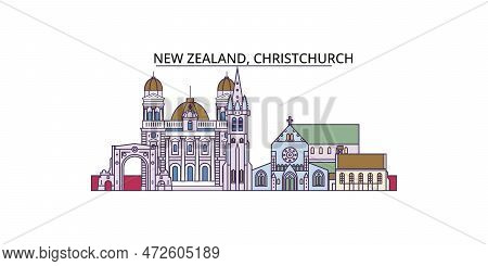 New Zealand, Christchurch Tourism Landmarks, Vector City Travel Illustration
