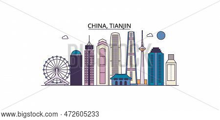 China, Tianjin Tourism Landmarks, Vector City Travel Illustration