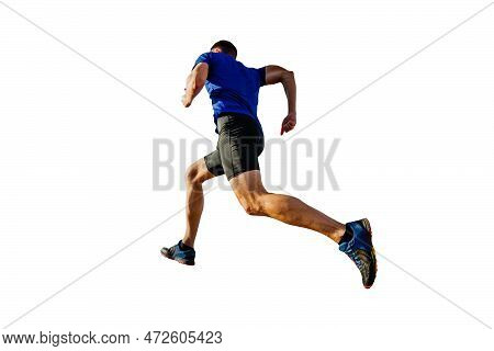 Athlete Runner In Blue Shirt And Black Tights Running Mountain, Cut Silhouette On White Background, 
