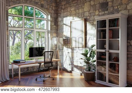 Comfortable Workplace Pc Standing On Wooden Desk In Office At Home; Bright Sunlight Shines From Side