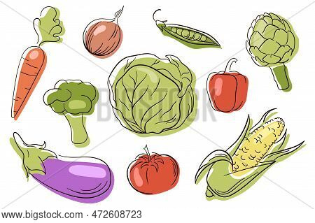 Vector Vegetables Icons Set In Line Art Style. Collection Farm Product. Flat Icons Of Eggpant, Artic