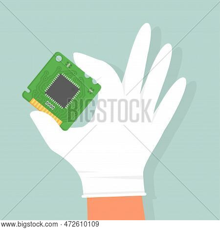 Green Electronic Microcircuit In Hand. The Microprocessor And Computer Chip Icon. Computer Component