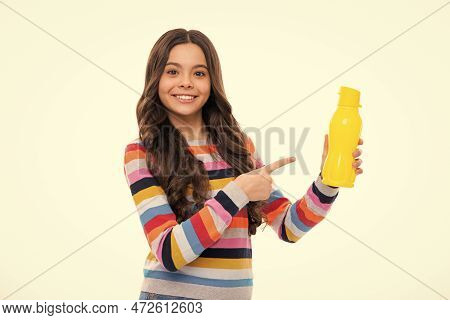 Girl Holds Water Bottle. Kid Girl Care Body Hydration. Active Leisure And Water Balance. Active And 