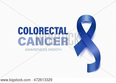 Colorectal Cancer Banner, Card, Placard With Vector 3d Realistic Dark Blue Ribbon On White Backgroun