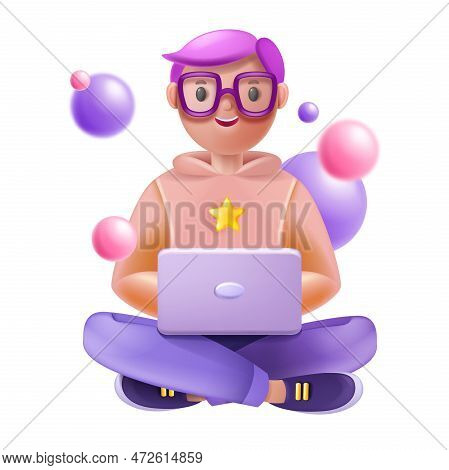 3d Kid Online, School Remote Education Concept, Vector Cartoon Sitting Boy Doing Homework, Laptop. T