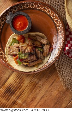 Beef Fajitas Tacos. Alambre De Res. Very Popular Recipe In Mexico, The Main Ingredients Are Pieces O