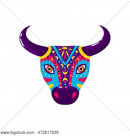 Brazilian Bull Mask, Carnival De Barranquilla, Colombia Carnival Holiday Object. Vector Cartoon Cow 