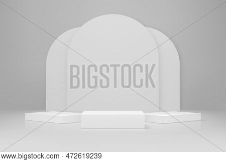 Grey Podium. Cosmetics Product Presentation Empty Pedestal, Exhibition Gallery Scene Or Studio Showr