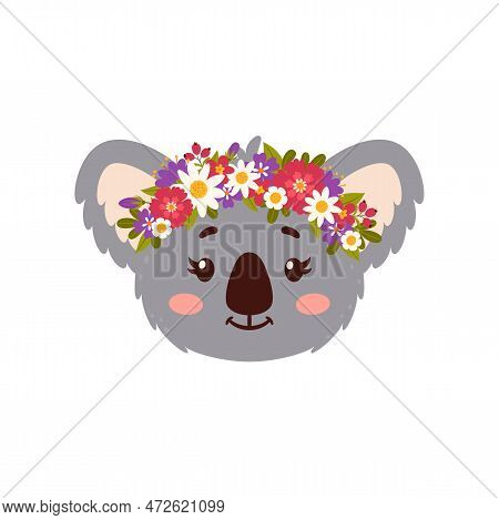 Coala Cute Animal With Flower Crown, Cartoon Face Of Funny Bear, Happy Character. Vector Funny Smili
