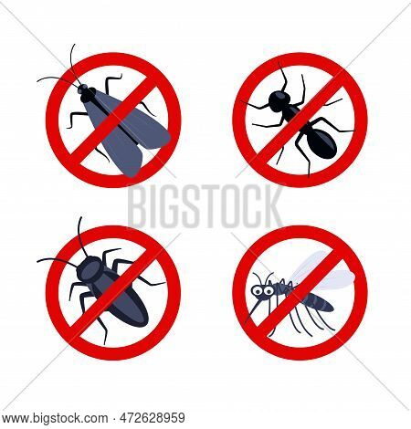 Stop Insects. Cockroach, Mosquito, Ant, Moth Silhouettes. Warning Prohibited Sign, Anti Insect Vecto