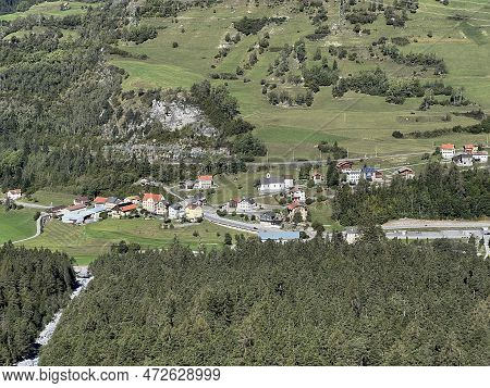 The Alpine Village Of Alvaneu Bad (alvagni Bogn) In The Bottom Of The Valley On The Banks Of The Riv