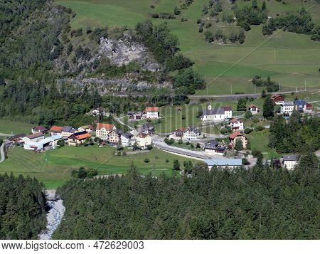 The Alpine Village Of Alvaneu Bad (alvagni Bogn) In The Bottom Of The Valley On The Banks Of The Riv