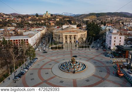 Panoramic Aerial View Of Kutaisi, Georgia From Drone. Square Of David The Builder Agmashenebeli