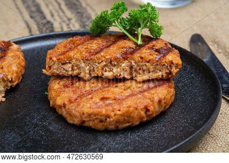 Tasty Vegan Burgers Made From Vegetarian Plant Based Soya Beans Imitation Meat