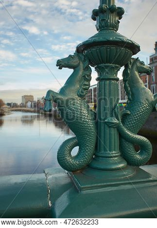 Image Of The River Liffey Dublin From Grattan Bridge With Sea Horses Bridge Ornament Statue To The F