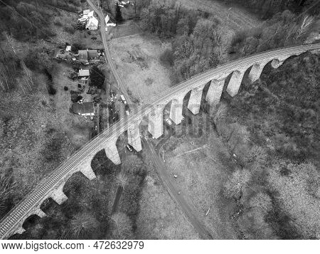 Aerial View Of A Stone Viaduct Spanning Over A Valley. Novina, Krystofovo Udoli, Czech Republic. Bla