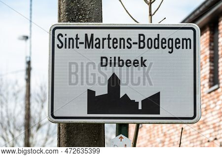 Dilbeek, Flemish Brabant, Belgium, March 11, 2023 - Road Sign Of The Village Of Sint-martens-bodegem