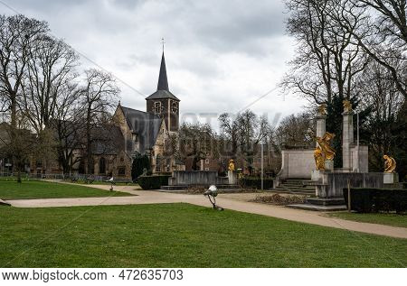 Forest,  Brussels Capital Region, Belgium, March 4, 2023 - The Abbey Park And The Tower Of The Saint