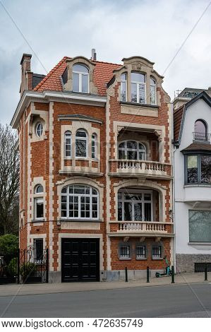 Forest,  Brussels Capital Region, Belgium, March 4, 2023 - Decorated Facade Of An Upper Class House