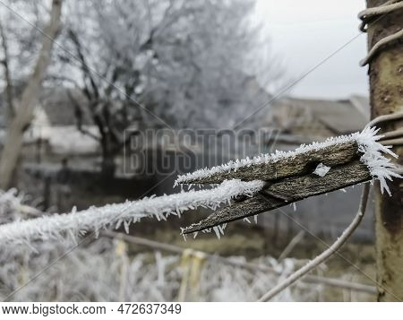 Clothespin In The Ice On The Street. Clothing Clothespin In Frost On A Clothesline Outside In Winter