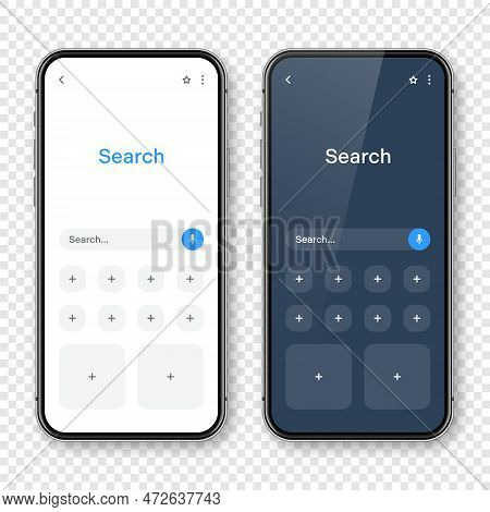 Smartphone With Blank Internet Browser Window And Search Bar, Dark Mode. Web Site Engine With Search
