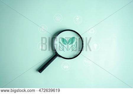 Magnifier Focus To Co2 Reduction Icon On Global Earth Decrease Co2 Or Carbon Dioxide Emission, Carbo