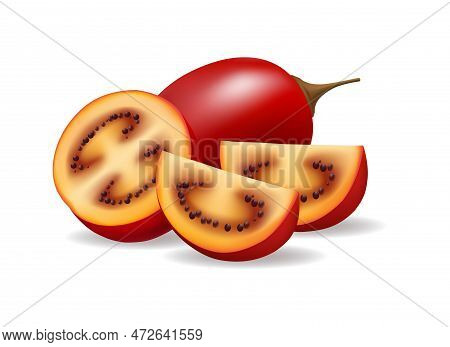 Cut Tamarillo. Realistic Exotic Food, Fresh Juicy Raw Tamarillos Isolated, Sliced Tree Tomato Fruits