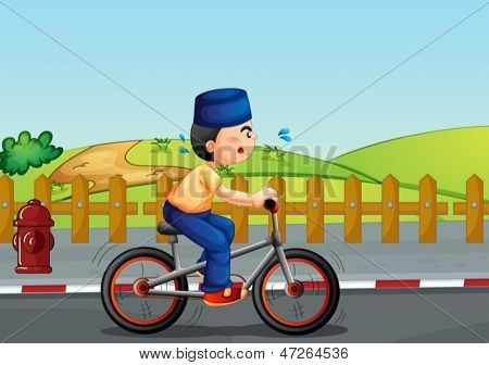 Illustration af en svedig muslim ridning på en cykel