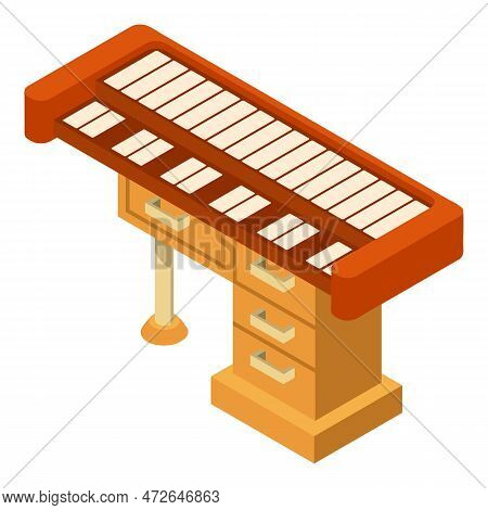 Synthesizer Icon Isometric Vector. Piano Musical Instrument On Wooden Table Icon. Music And Art Conc